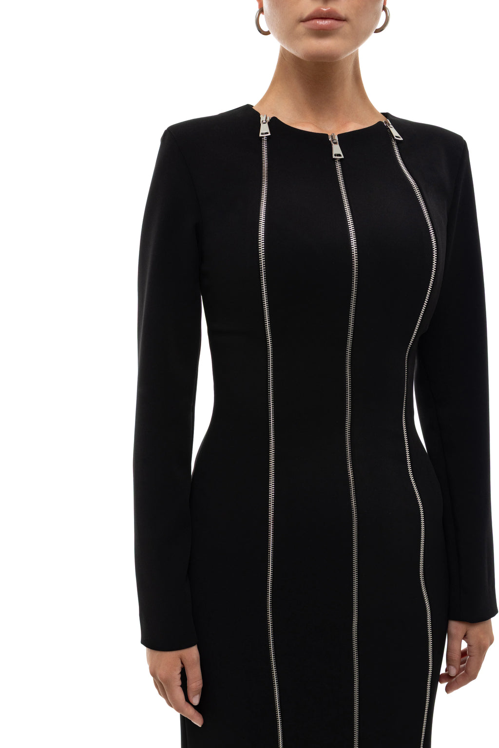 Black dress with three silver zippers by soluje on a white background
