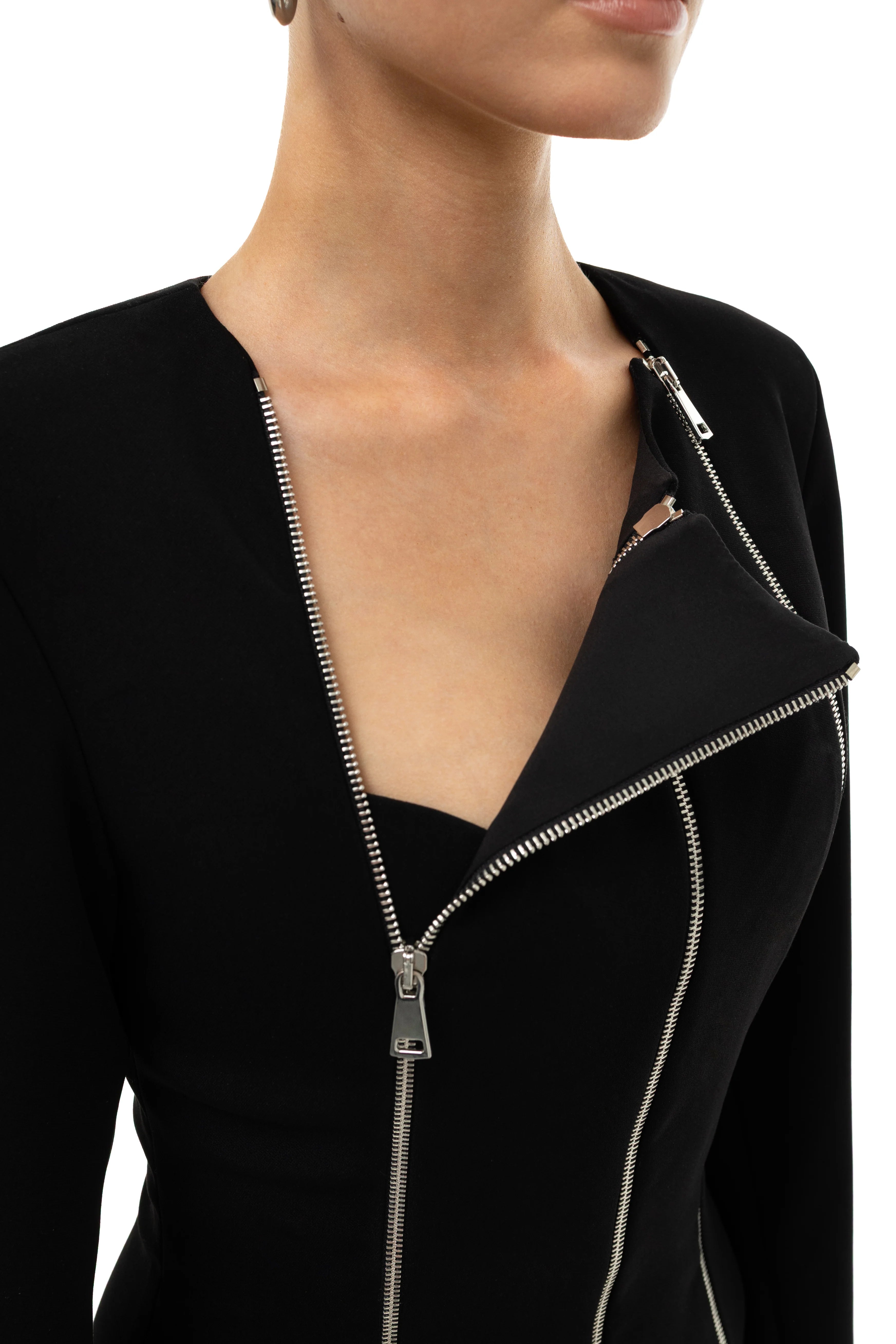 Black jacket with a zipper detail on a white background. Soluje